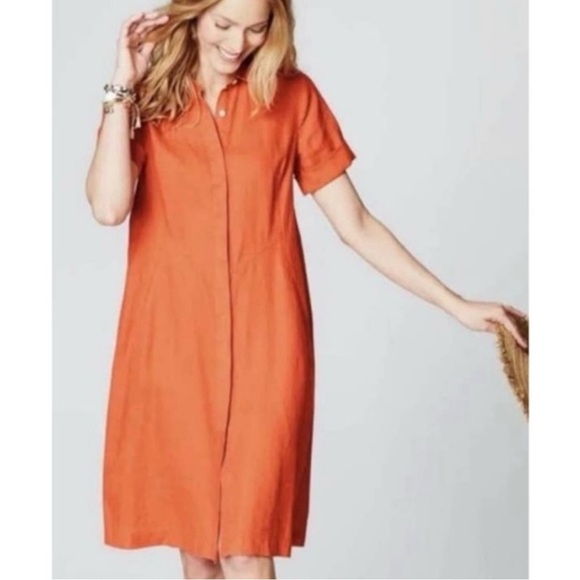 J.Jill Love Linen Zinnia Saffron Orange Shirtdress S Lagenlook Coastal - Picture 3 of 16